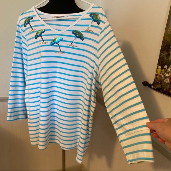 Quaker Factory Sequined Umbrellas Striped Top 1X - Picture 1 of 7